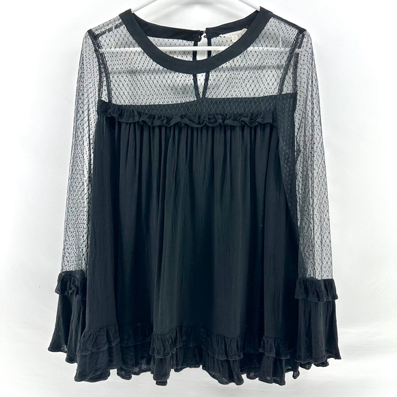 EASEL Black Sheer RUFFLE Swiss Polka Dot BOHEMIAN GYPSY Boutique Top WOMENS S - Picture 1 of 9